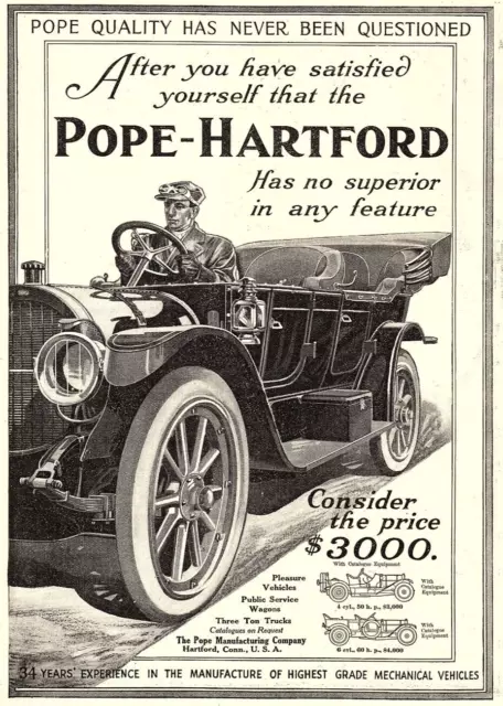 c1908 POPE-HARTFORD AUTOMOBILE VEHICLES FULL PAGE PRINT ADVERTISEMENT Z1814