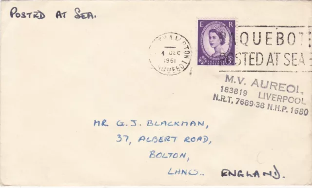 1961 GB paquebot cover sent from MV Aureol board in Southampton