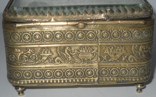 VITRINE COFFRET BOITE à bijoux en verre et laiton green box vintage EUR