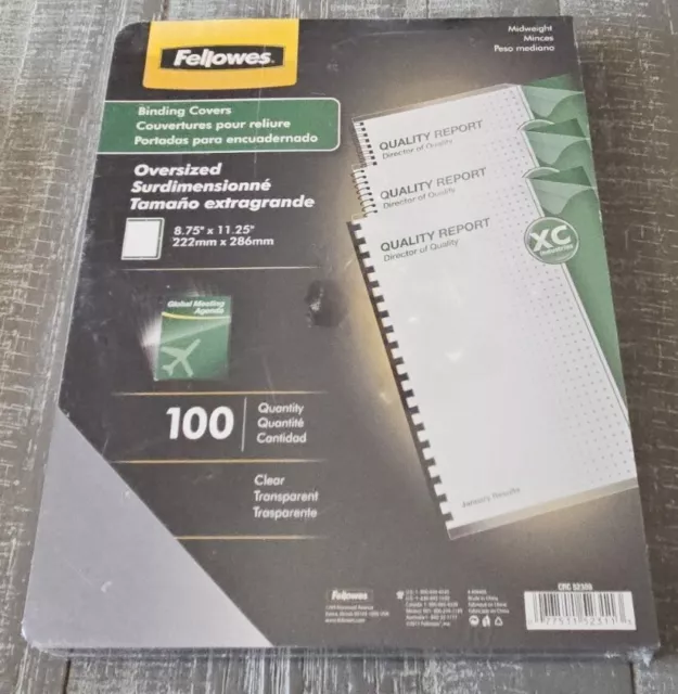 Fellowes Binding Covers Clear Transparent OVERSIZE, Pack of 100, Midweight, NEW