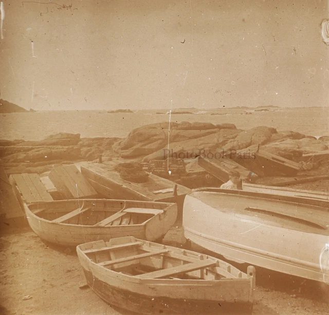 Barques Plage Mer c1930 Photo Stereo Plaque de Verre Vintage V39nL17