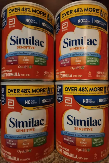 4 Large Cans of Similac Sensitive 0-12 Months (29.8 oz) each. With Dent And Tear