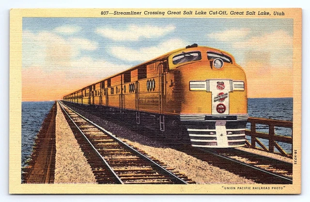 Postcard Steamliner Crossing Great Salt Lake Cut-off Utah UT Union Pacific RR