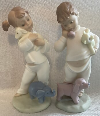 Lladro Daisa 1991 Golden Memories Girl Lamb & Elephant Boy Bear & Dog Set Of 2