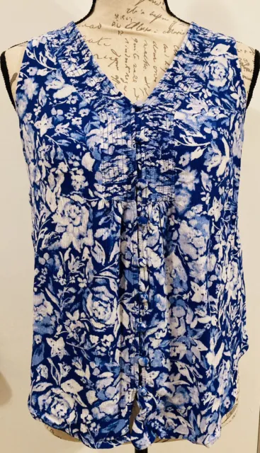 LIZ CLAIBORNE Sleeveless Blouse Button Up Gauzy Rayon Blue Floral  Women's S
