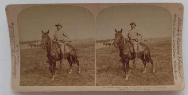 1898 Stereo Card Col Teddy Roosevelt in Rough Rider Uniform on Horse Span Am War