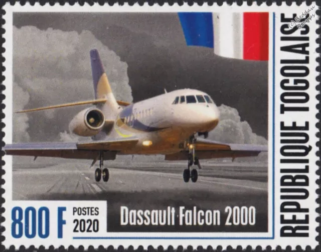 DASSAULT FALCON 2000 French Business Jet Aircraft Stamp (2020 Togo)