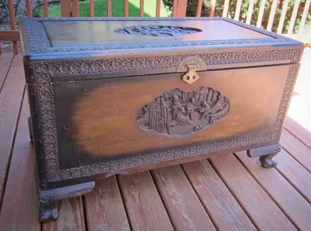 Vtg Chinese Hand Carving Wood Trunk/Chest ,  Cedar Linded.