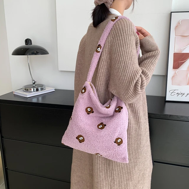 Borsa Bianca Di Peluche Con Grazioso Design Di Fiocco Per