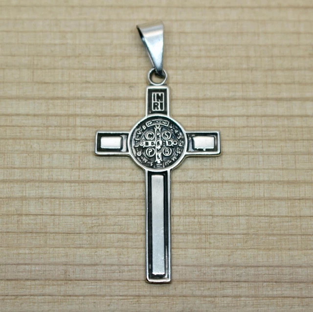 St Benedict Double Side Religious Mexican 925 Silver Taxco Shiny Cross Pendant