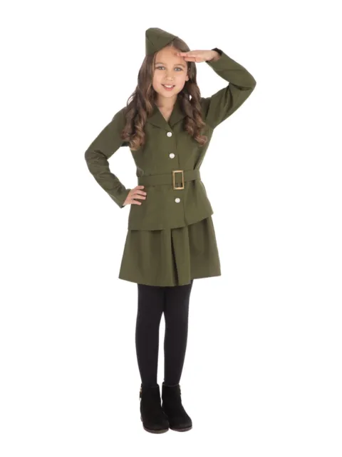 Girls WWII Soldier Girl Costume Army Military War Kids Book Week Fancy Dress