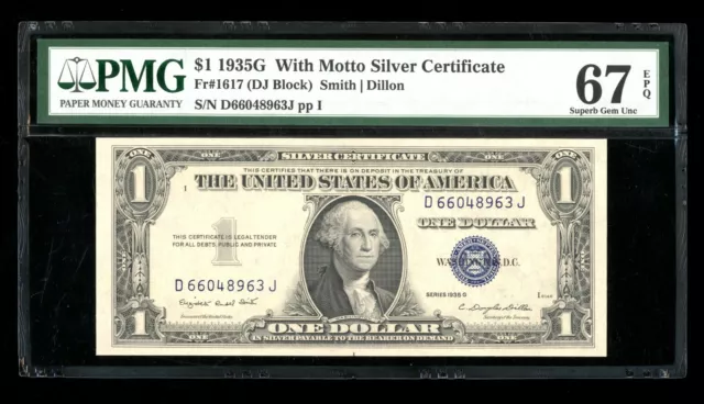 DBR $1 1935-G with MOTTO Silver Superb Gem Fr. 1617 PMG 67 EPQ Serial D66048963J