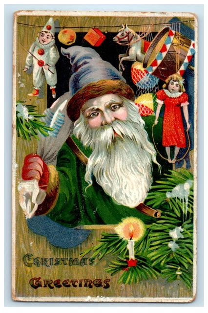 c1910's Christmas Greetings Green Robe Santa Claus Toys Candle Embossed Postcard