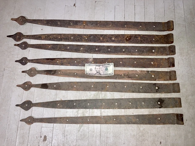 Lot Of 8 Antique Barn Strap Forged Iron Hinges New England Salvage LARGE 35”