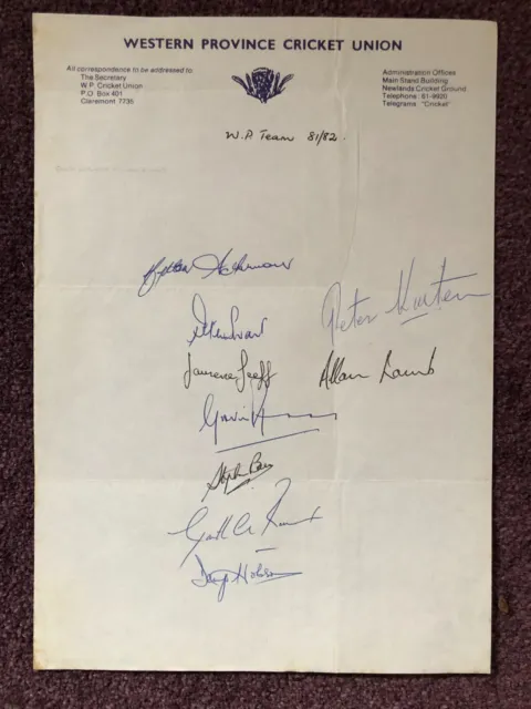 Cricket team sheet autographed signed Western Province Cricket Union 81/82