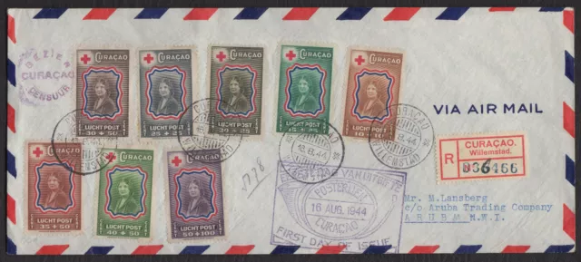 CURACAO 1944, Red Cross, Registered FDC Cover to Aruba, Sc CB13/20, Mi 212/19