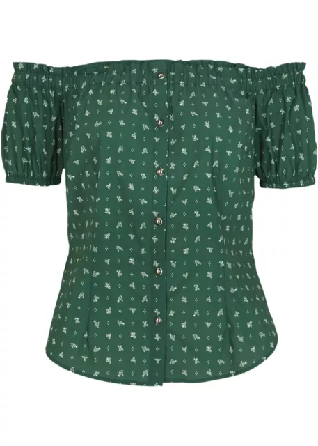 Neu Trachten-Bluse Gr. 46 Fichtengrün Weiß Bedruckt Damen Carmen-Bluse Tunika