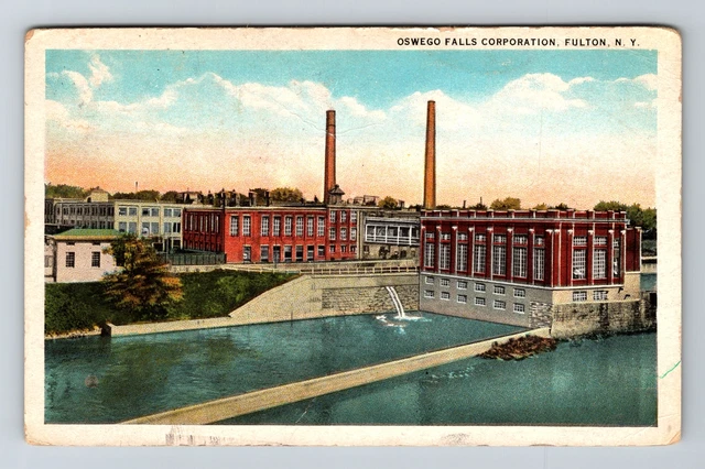 Fulton NY-New York, Oswego Falls Corporation, Aerial Vintage Postcard