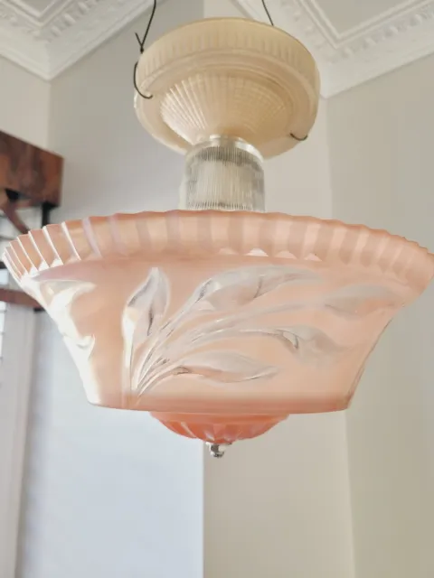 Vtg Art Deco Ceiling Fixture Glass Chandelier Light Lamp 1930' Pink Color