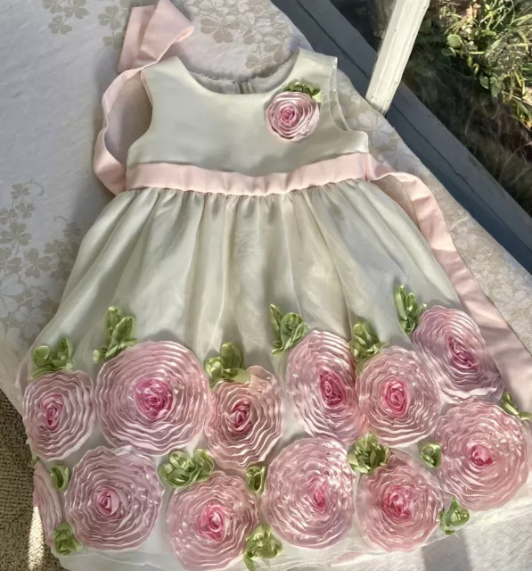 SATIN ROSE Organza Tulle Pale Pink Special Dress Sz4T Ribbon Rose Ship Same day