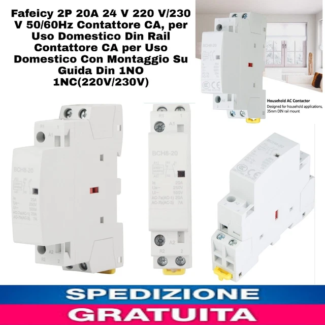 Contattore CA 220V 16A 2NO - Teleruttore Monofase Per Elettrodomestici, Montaggio Su Guida DIN