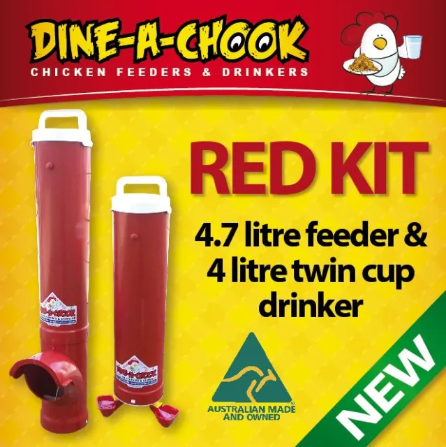 DINE-A-CHOOK RED/PINK / 4.7 Chicken Feeder & Drinker / Chook Waterer Twin Cup /