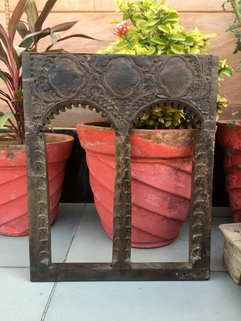 Antique Old Wooden Handcrafted Floral Design Carved Window Wall Hanging Decor