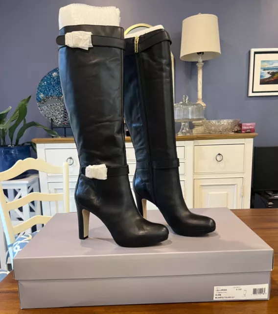 LOUISE ET CIE Lurisia Black Leather Knee High Boots Size 8.5M Gold