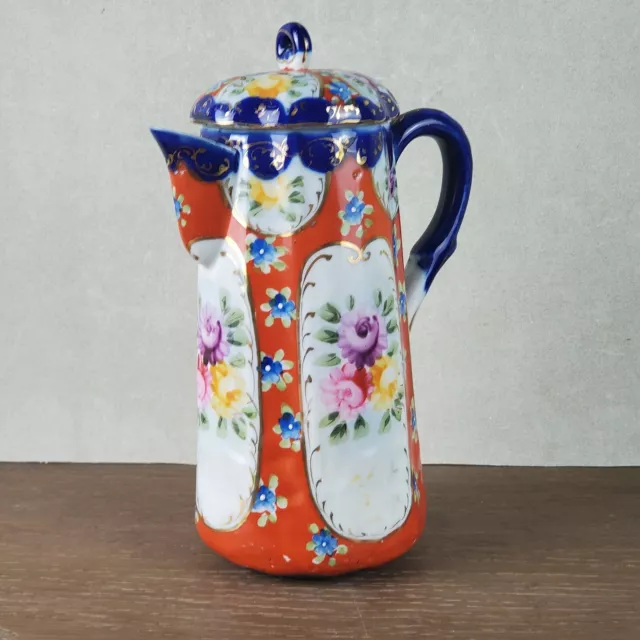 Porcelain Chocolate Pot Japanese Floral Cobalt Blue & Orange