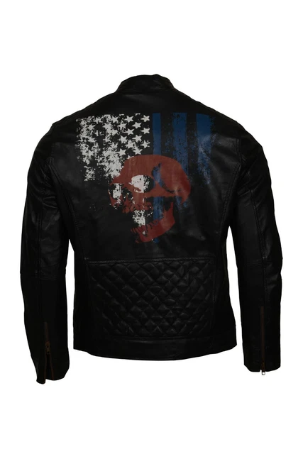 Mens Biker American Skull Printed Black Motorcycle Jacket | Genuine Cow Hide