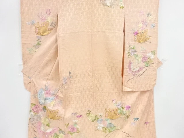 84863# JAPANESE KIMONO / ANTIQUE FURISODE / EMBROIDERY / BUTTERFLY WITH KIKU &am
