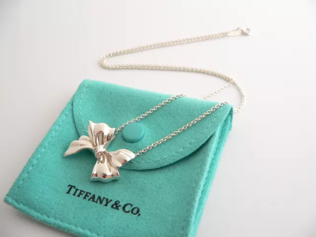 Tiffany & Co Ribbon Necklace Silver Bow Pendant 19 inch Chain Jewelry Gift Pouch