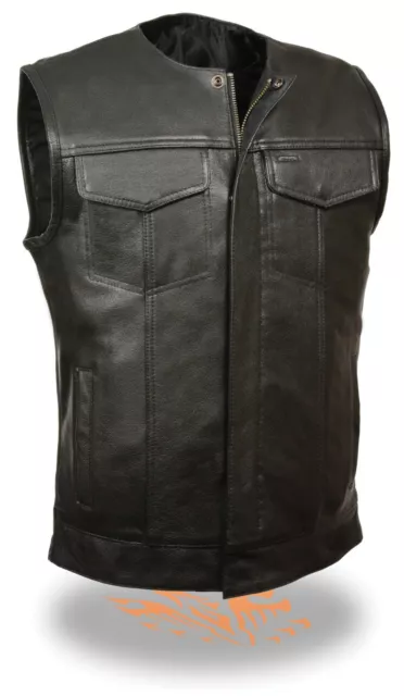 Mens SOA Club Style Collarless Leather Vest Snap & Zipper Front w/ 2 Gun Pockets