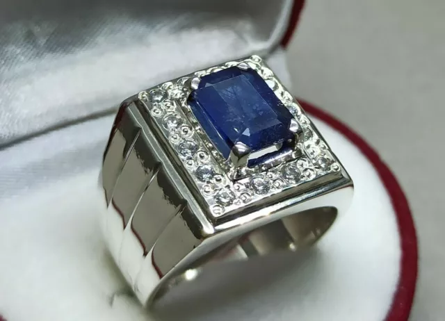 Natural Emerald Cut Deep Blue Sapphire Sterling Silver 925 Handmade Women Ring