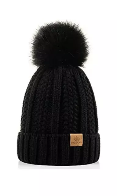 BULA Womens Wool Beanie Pom Pom Winter Hat New One Size Gray Cable Knit  Lined