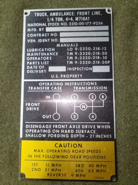 Vietnam War M718A1 Jeep Ambulance Data Plate