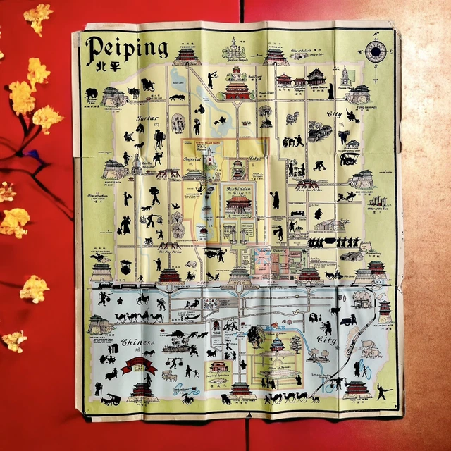 JOHN KIRK SEWALL / Pictorial Map of Peiping in full colours Peiping Rare Antique