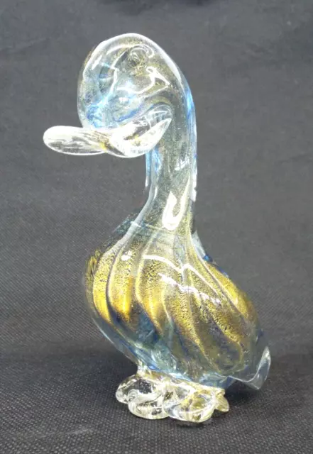 Vintage MURANO Clear Art Glass Duck Figurine STICKER Italy Blue Gold Flecks