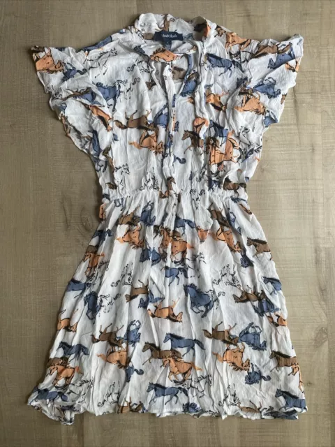 ModCloth Downhome Darling Horse Print Collared Dress Large Front Tie Ruffles