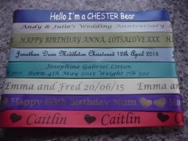 PERSONALISED PRINTED RIBBON 15mm WIDE CHRISTENING WEDDING,BIRTHDAY XMAS BABY