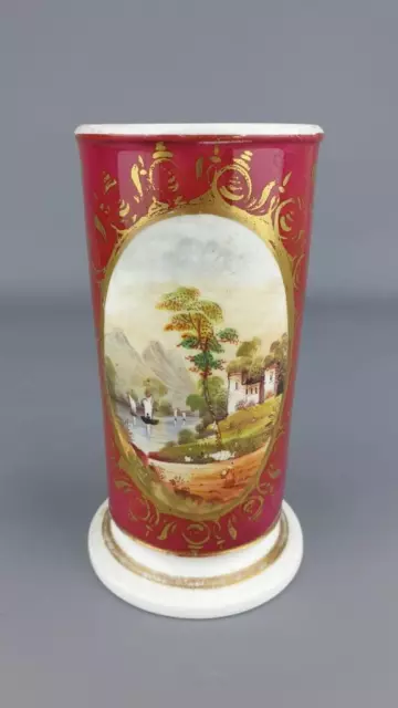 Good Antique Early English Porcelain Spill Vase, Painted Lake Scene.