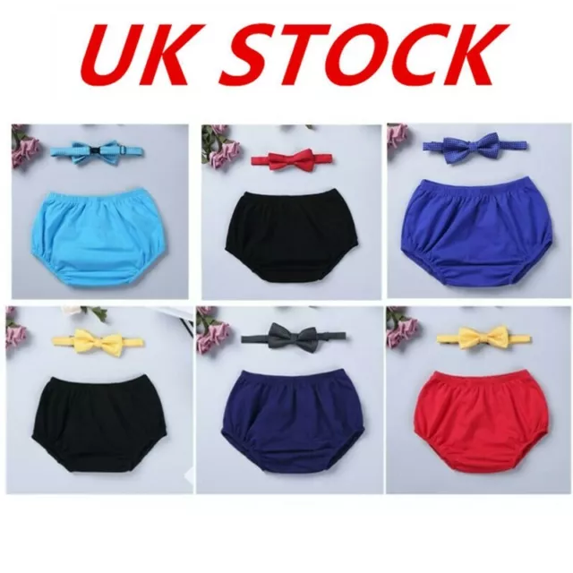 UK Infant Baby Boy Diaper Cover Outfit Birthday Bloomers Bow Tie Photo Props Set