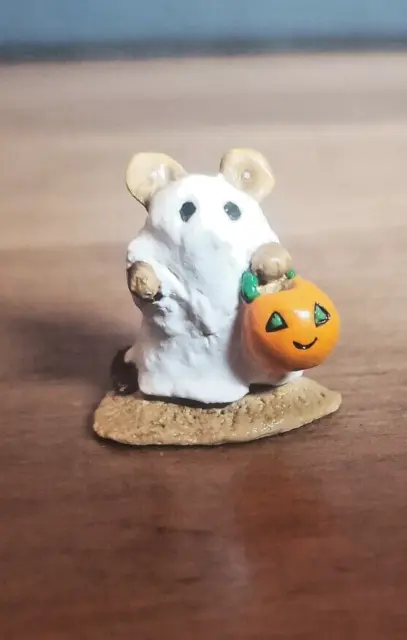 Wee Forest Folk Halloween Ghost Mouse w/Pumpkin-1981 Figurine-A Petersen-Retired