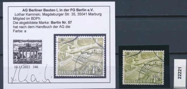 22221) Pracht: Berlin MiNr. 57 a Vollstempel Berlin + Prüfkarte ARGE (KW 1,50) !