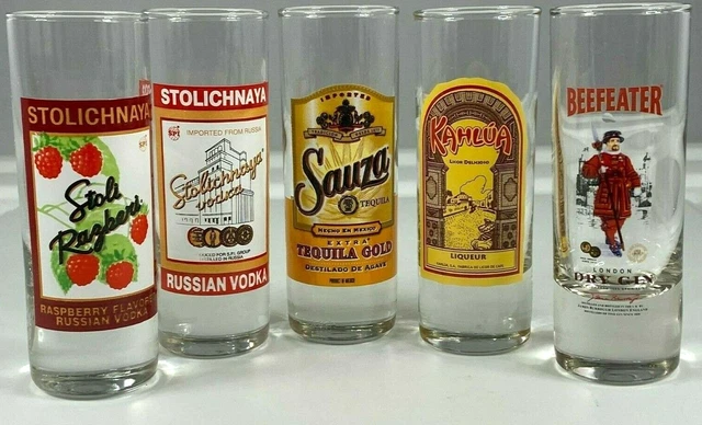 Lot Of 5 Shot Glasses, 4" Beefeater Gin, Stolichnaya, Kahlua, Sauza 2 Oz. Used