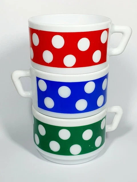 Lot De 3 Tasses à Café + Soucoupes Arcopal Polka à Pois - Vintage Années 70, Couleurs Vives - Excellent état