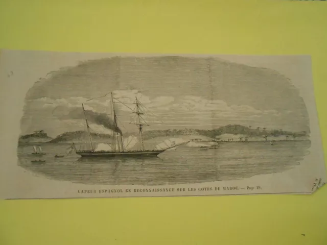 Gravure 1860 - Vapeur Espagnol en Reconnaissance sur les Cotes du Maroc