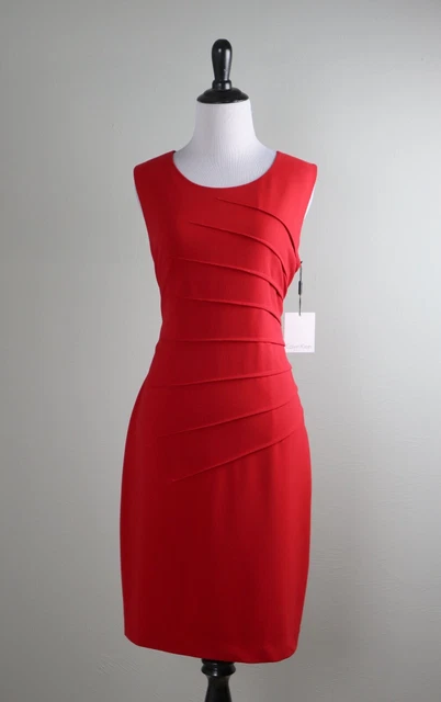 CALVIN KLEIN NWT $134 Solid Red Lined Sleeveless Pleated Sheath Dress Size 8