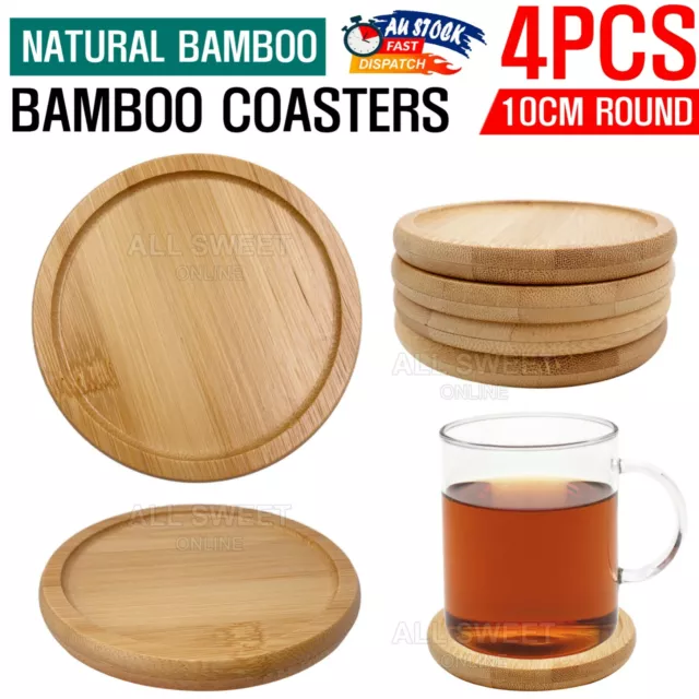 4pcs 10cm Round Bamboo Wooden Coaster Tea Coffee Drink Holders Beverage Mat Pads