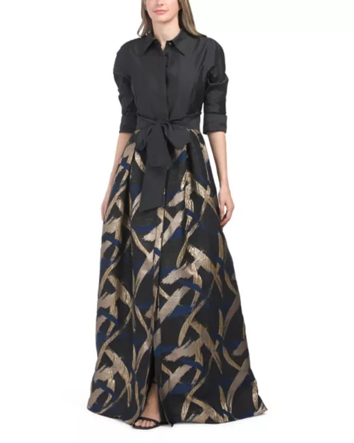 Teri Jon by Rickie Freeman Taffeta & Jacquard 3/4 Sleeve Belted Gown in Black 14